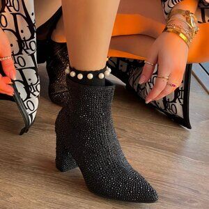 New Black Rhinestone Embellished Block High Heel Ankle Boot Booties Pointed Toe